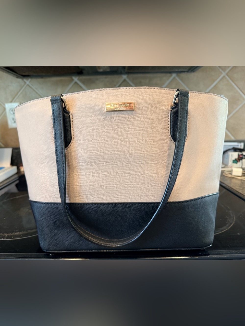 kate spade Beige and Black Two-Tone Tote with Gold Plaque